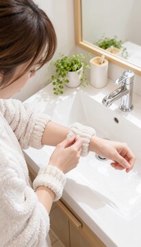 白い洗面台を見下ろしながら袖をまくる女性の手元の縦構図