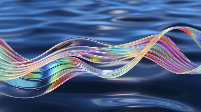 Colorful translucent ribbons flow and undulate over a gently rippling dark blue water surface. Animated scene combines ribbons and waves with glowing light.