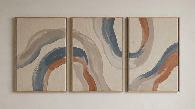 Minimalist abstract art triptych featuring flowing organic shapes in earthy tones on canvas, modern wall decor for interior design