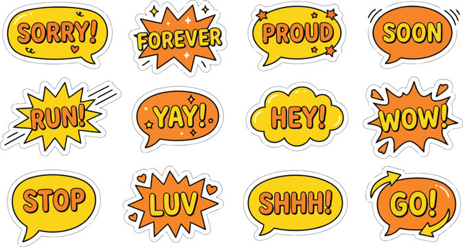 Retro comic speech bubbles set, 12 colorful pop art stickers with text, orange and yellow cartoon shout clouds for social media and chat