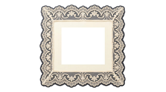 Beautiful vintage white lace doily square frame featuring ornate decorative borders on transparent background