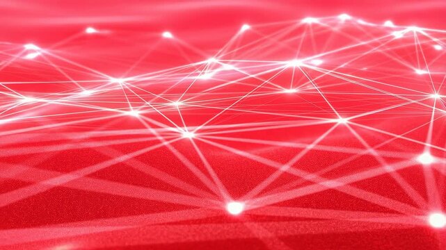 Glowing network of interconnected points pulses and shifts on a red textured surface. Abstract animation features pulsing motion and luminous energy.