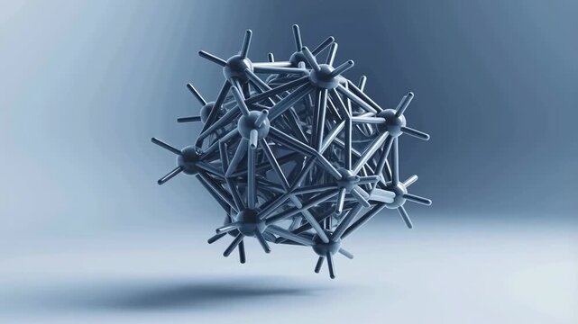 Metallic blue 3D polyhedral molecular structure rotates and floats against a soft light blue gradient background. Animated backdrop combines soft shadows with visible depth.
