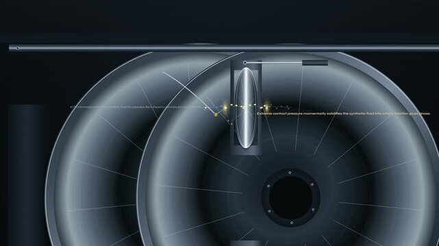 Animation explaining the mechanics of a full toroidal traction drive, showing elastohydrodynamic fluid films, contact pressure, roller contact paths, and dynamic shifting of angular velocity