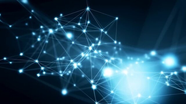 Glowing blue and cyan nodes pulse and shift dynamically while connected by flowing white lines on a dark background. Animated texture shows points and lines with pulsing motion.