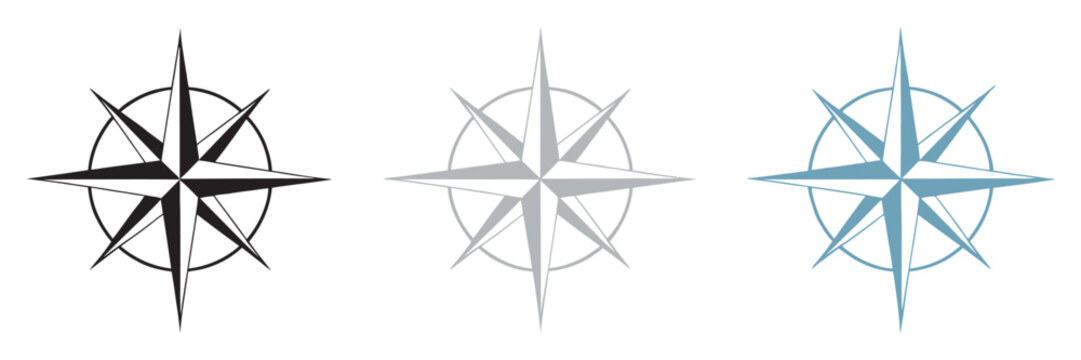 Compass Wind Rose Star Icons, featuring colorful navigation direction symbols, map elements, nautical exploration graphics, travel markers, geographic signs, and adventure design. Vector illustration.