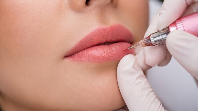 Permanent lip makeup procedure with cosmetic tattoo device for natural color enhancement