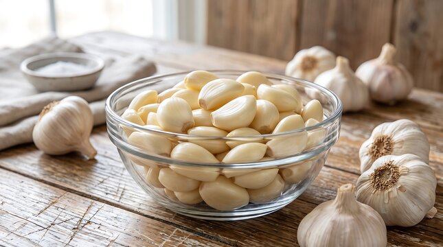 Peeled Garlic Cloves in Glass Bowl with Whole Garlic Bulbs garlic, peeled garlic