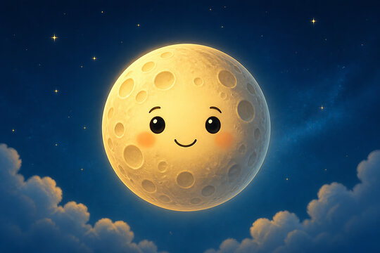 A cartoon-faced, smiling moon is set against a dark blue night sky with clouds and stars.