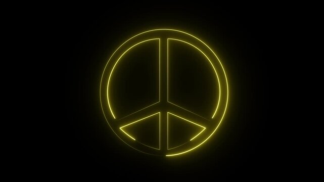 A glowing yellow neon peace sign set against a dark background.