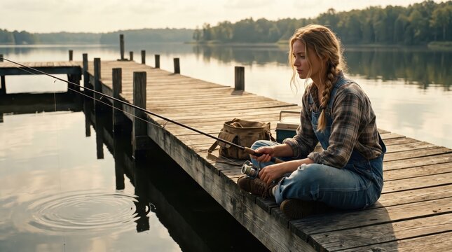 Woman sitting on a weathered wooden dock holding a fishing rod beside calm lake water and forested shoreline, peaceful outdoor recreation scene at a lakeside pier