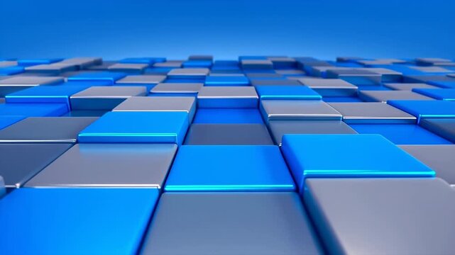 Blue and gray square tiles arranged in a grid rise and fall in a smooth wave motion across a blue gradient background. Smooth animated scene for presentations and technology-themed videos.