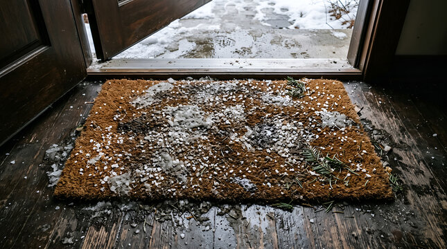 Dirty winter snow slush and white road salt crystals on a wet doormat