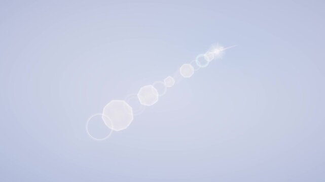White optical light elements and geometric translucent rings shine across a pale blue gradient background in a minimal 3D motion graphic