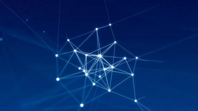 Glowing blue nodes connected by white lines shift and pulse across a dark blue gradient background. Animated texture shows points and lines with flowing movement.