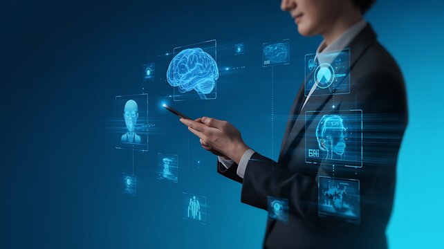 Businessman interacting with glowing digital brain interface in a futuristic blue light