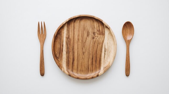 Wooden Plate Fork and Spoon Set Overhead View cutlery