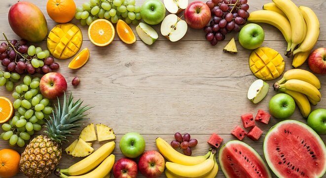 Fresh assorted fruits border frame on rustic wooden background with central copy space for text
