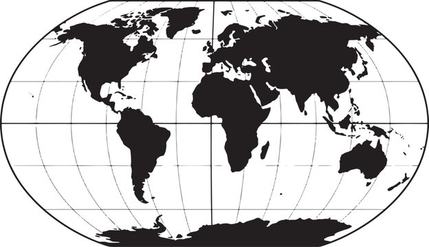 Black vector world map illustration with grid lines in oval globe projection