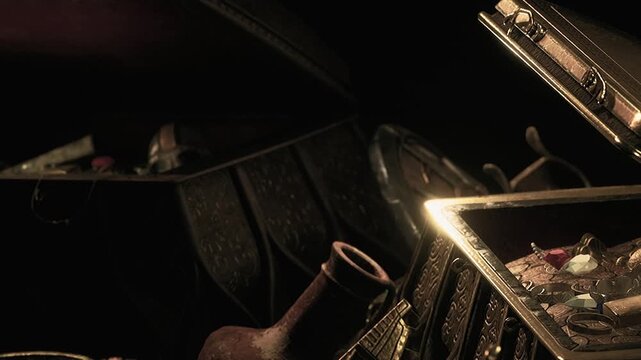 Glimmers of gold and jewels peek from an ornate chest in a dimly lit setting. Ancient artifacts and shimmering gems evoke a sense of wonder and exploration.