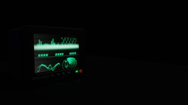Retro green CRT monitor displays glowing radar sweeping and audio equalizer waveforms on a dark desk in a cinematic 3D environment