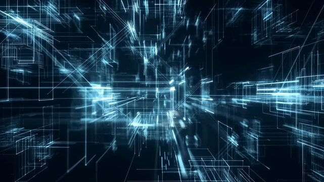 Zooming forward animation through a glowing 3D wireframe grid tunnel of cubes and rectangles. Zooming forward creates glowing light and visible depth.