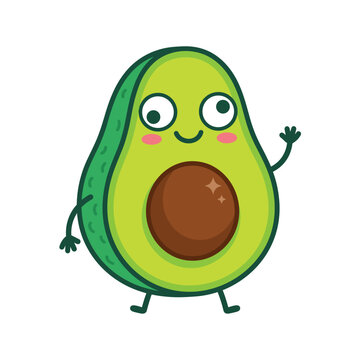 Cute cartoon avocado character waving with happy face and big eyes