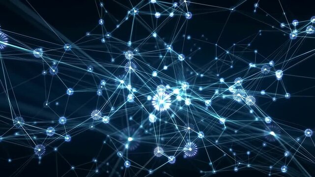 Abstract digital network of glowing nodes connected by lines pulses and shifts on a dark background. Animated texture shows points of light and lines with pulsing motion.