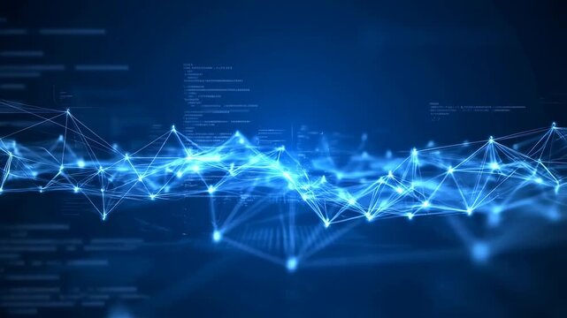 Dynamic blue digital network mesh with glowing nodes and connecting lines overlaid with floating programming code. Smooth animated scene for technology presentations and software demos.