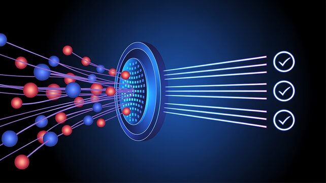 Data processing through a digital filter with blue and red particles entering and validated outputs emerging on a dark background