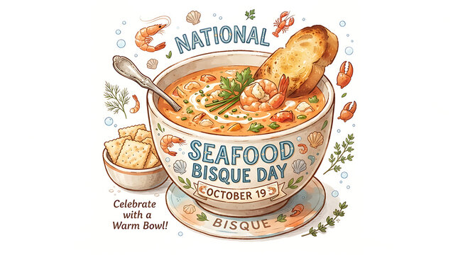 Illustration of a large bowl of seafood bisque garnished with shrimp, a slice of toasted bread leaning against it, and a small bowl of croutons at left, all set against floating shrimp, crayfish
