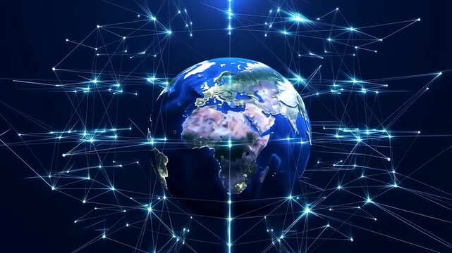 Rotating 3D Earth globe with pulsing light nodes and expanding network lines on a dark blue gradient background. Abstract energy backdrop features rotating and visible light.