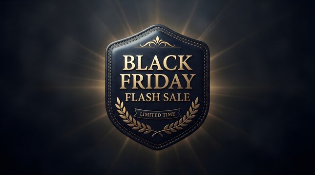 Luxury black friday flash sale emblem with gold lettering and laurel wreath on a dark leather shield background with glowing light rays