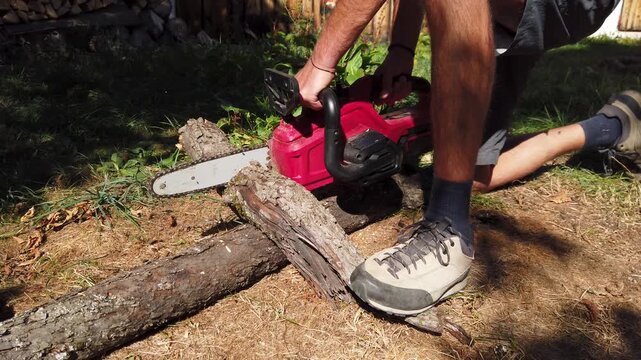 Close-up of electric chainsaw slicing through timber trunk outdoors 