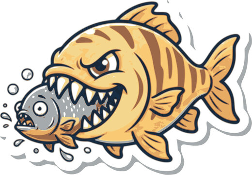 Cute cartoon sticker design featuring an African tigerfish preying on a piranha underwater isolated on white background