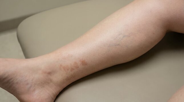 Varicose veins and stasis dermatitis hyperpigmentation on a patient's lower leg resting on a medical examination table in a clinical healthcare setting