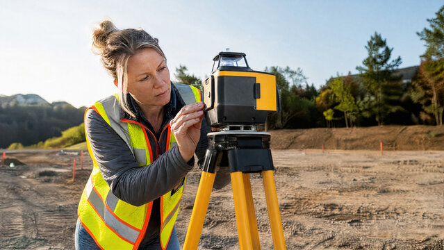 Surveyor aligning laser level on tripod at empty lot