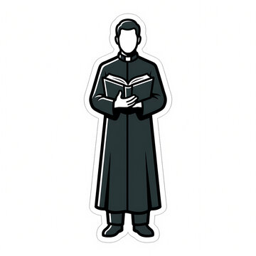 Vector Illustration of a Male Catholic Priest or Clergyman in Traditional Black Cassock Holding an Open Holy Bible, Religious Icon Isolated on White Background for Web and Print Use
