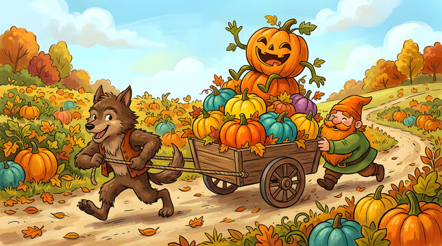 Cute 2D cartoon cheerful monsters pushing pumpkin cart in village