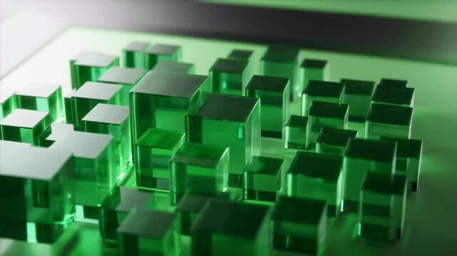 Translucent green geometric blocks form a futuristic abstract structure as the camera glides. Technology presentations, digital transformation campaigns, and science and engineering media.