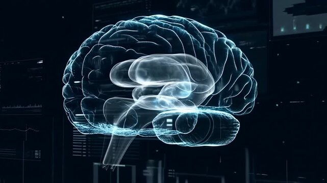 Translucent human brain rotates within a dark digital interface for neuroscience and medical technology. Medical education, neurology presentations, and neuroscience research communication.
