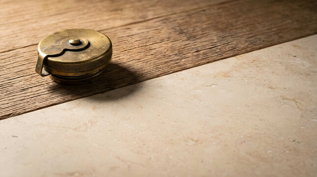 Weathered vintage brass aircraft wheel chock on wooden plank, evoking authentic travel and aviation nostalgia for vintage travel posters, aviation history books, and aviation-themed merchandise