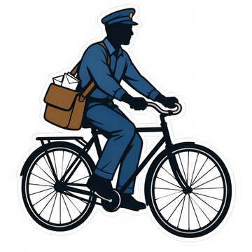 Vector illustration of a professional mailman in a blue uniform and peaked cap riding a classic bicycle to deliver mail and letters, featuring a postal bag and isolated on white background.