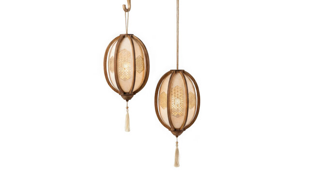Two decorative wooden pendant lamps with geometric patterns and tassels isolated on transparent background