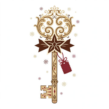 Golden magic key with Christmas star bow flat vector illustration