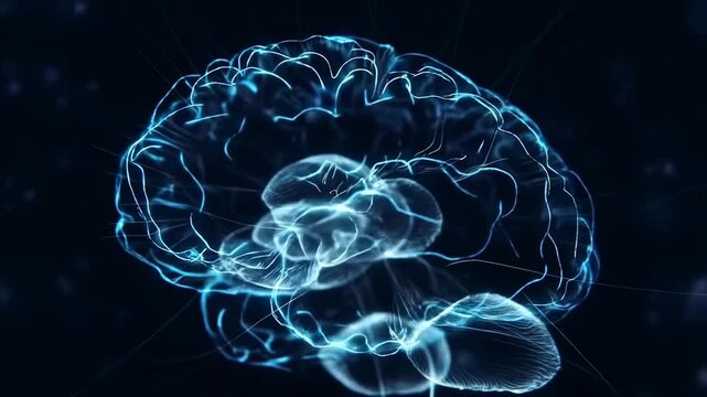 Glowing human brain rotates in a dark digital space with pulsing neural pathways. Neuroscience education, medical research presentations, and neurology communication.