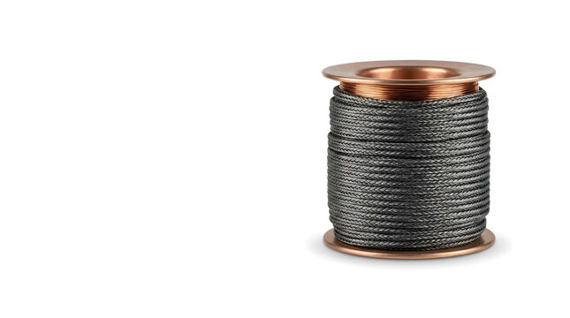 Compact copper-cored robust cable spool with intricate braided texture, concept for aviation wiring, travel gear organization and authentic industrial design
