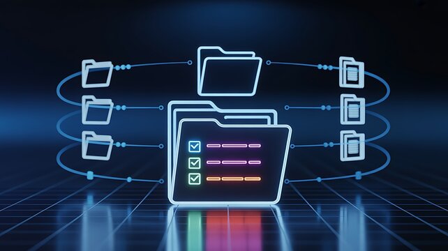 Digital data folders connected in network with glowing lines on dark grid background representing cloud storage organization