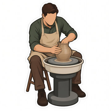 Vector illustration of a professional male potter wearing an apron while skillfully shaping a ceramic clay vase on a spinning pottery wheel, artisan craft and workshop concept.