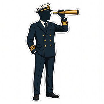 Vector illustration of a professional male ship captain silhouette wearing a classic navy blue naval uniform and officer hat, holding a golden telescope while looking ahead, maritime.